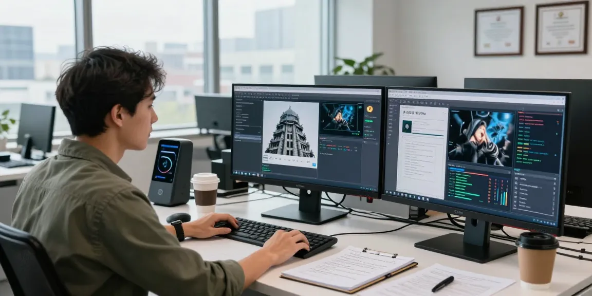 Forensic analyst conducting AI-Generated Image Detection analysis in a modern office environment.