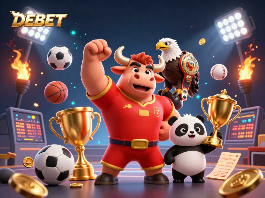 Experience winning moments with DEBET's vibrant 3D casino illustration featuring sports action.