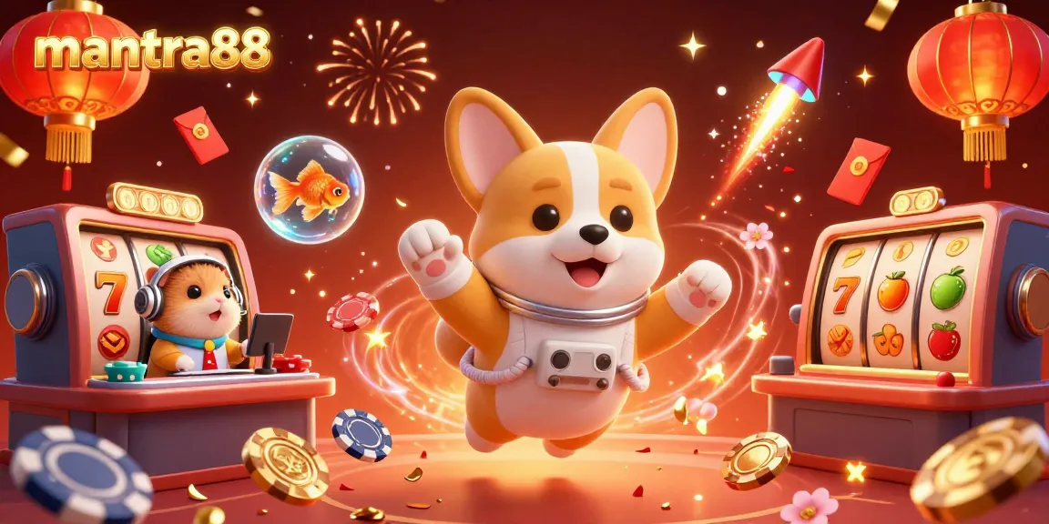 Experience excitement at mantra88 with a dynamic 3D casino illustration featuring floating characters and slot symbols.