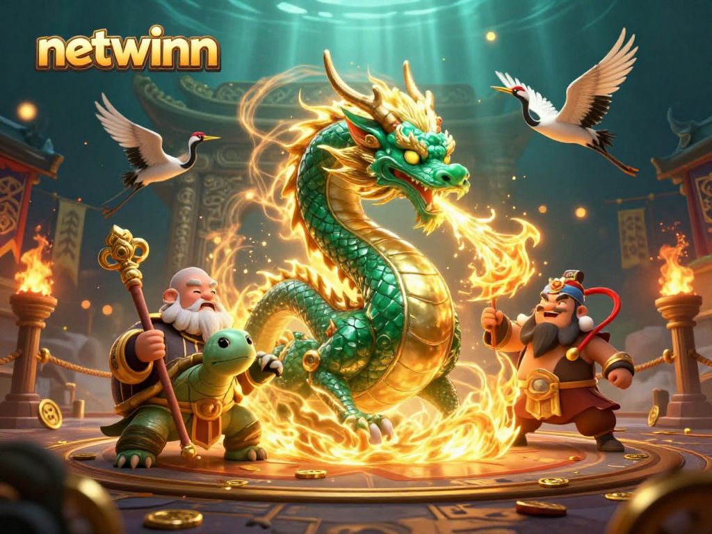 Engage with netwinn in this dynamic casino scene featuring a jade dragon, turtle sage, and lucky cranes.