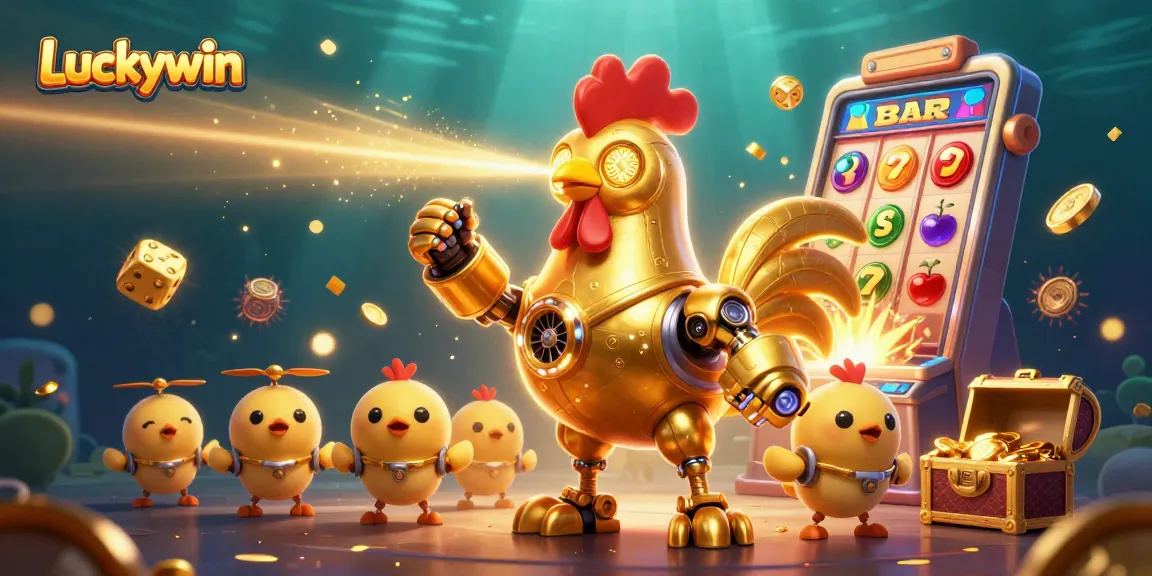 Luckywin casino illustration showcasing a vibrant slot machine explosion and animated 3D characters.