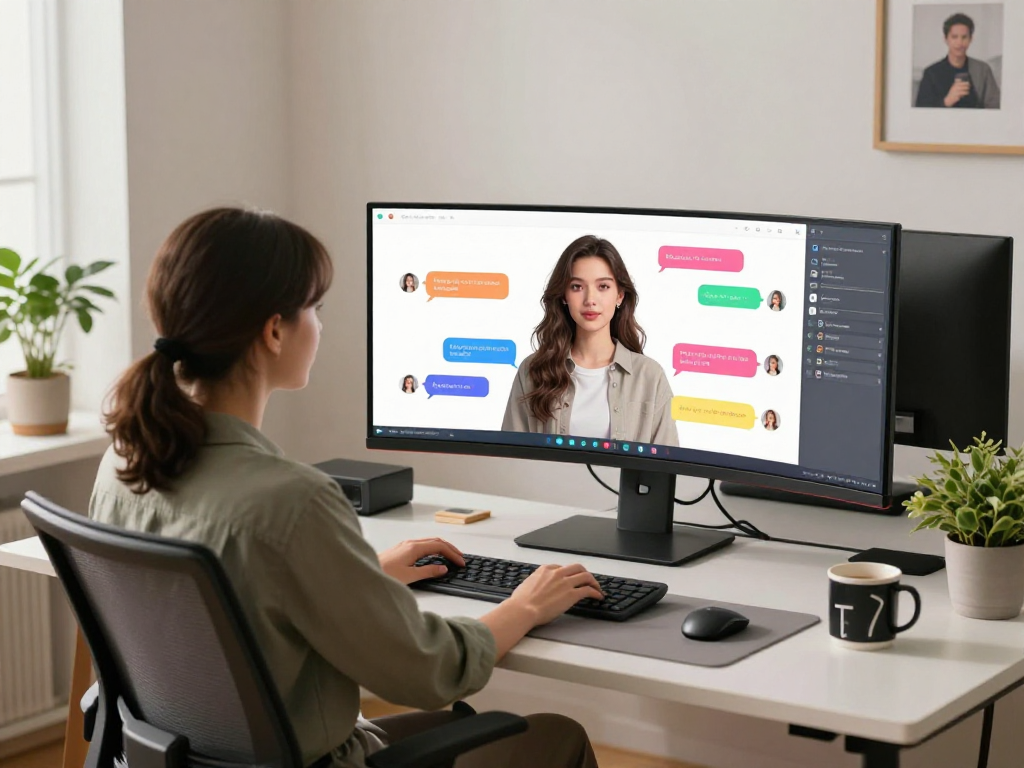 Engaging interaction with AI gf on modern digital workspace.