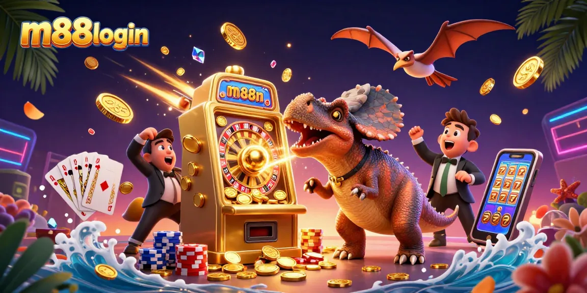Spin jackpot wins with m88login as a dinosaur celebrates golden coins raining down