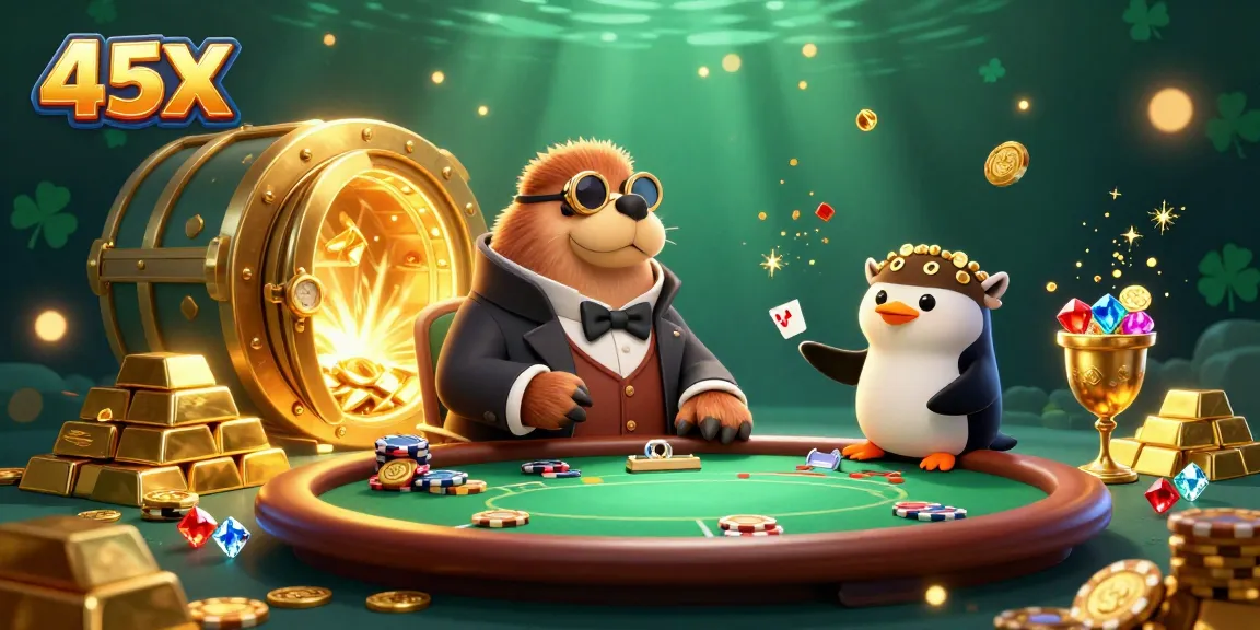 Engage with 45X at an underwater poker table where a walrus, penguin dealer, and pufferfish create a vibrant casino scene.