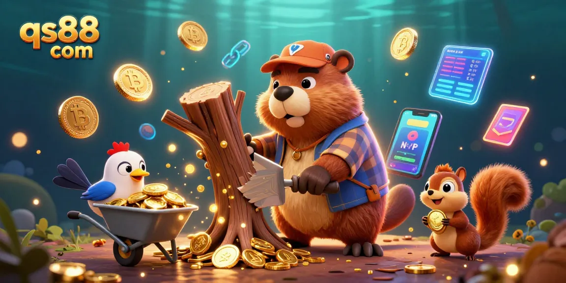 Join qs88 com on a golden coin adventure with fun characters in a casino-themed illustration.