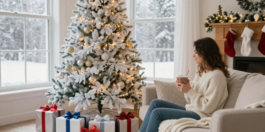 Stunning white artificial Christmas tree decorated with silver ornaments in a cozy living room for the holidays.