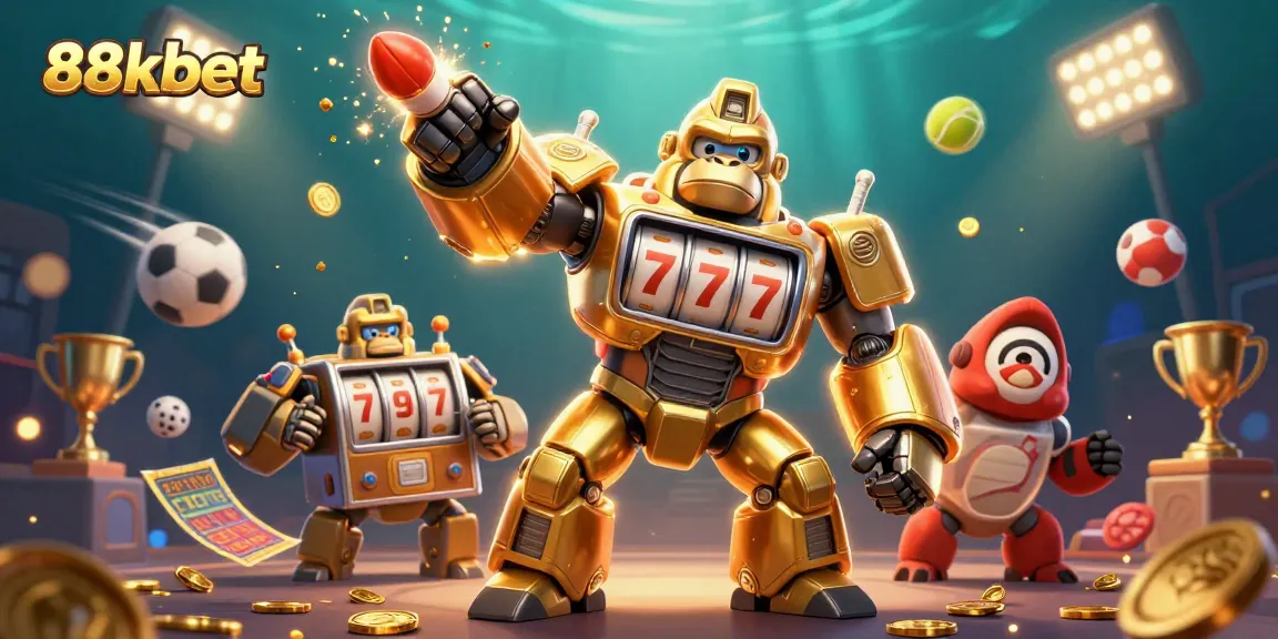 Win big with exhilarating action at 88kbet featuring a golden gorilla mech and dynamic sports elements.