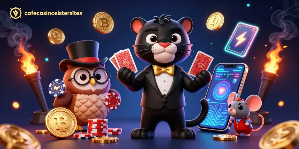 Engage with the vibrant cafecasinosistersites scene featuring a stylish panther and owl amid crypto elements.