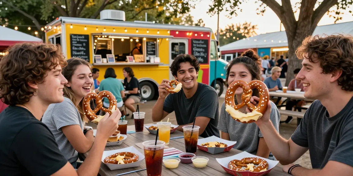 Best pretzel with cheese dip near me enjoyed by friends at a vibrant food truck park during golden hour.