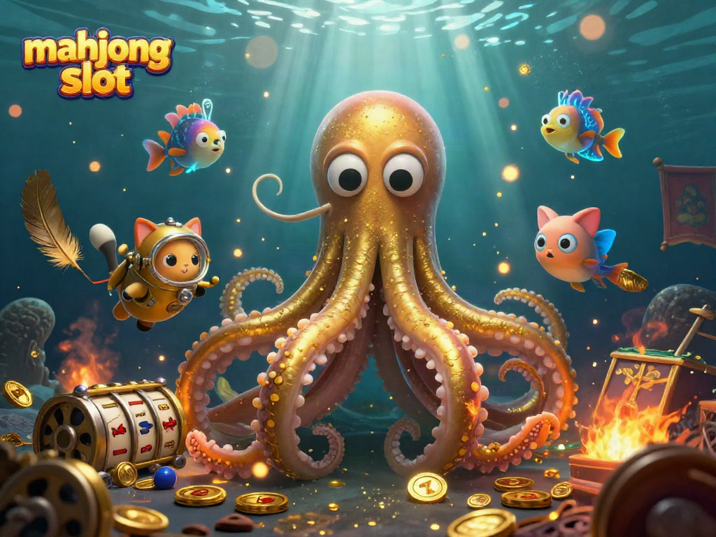 Spin the mahjong slot in a vibrant underwater scene featuring a kraken and diving cat.