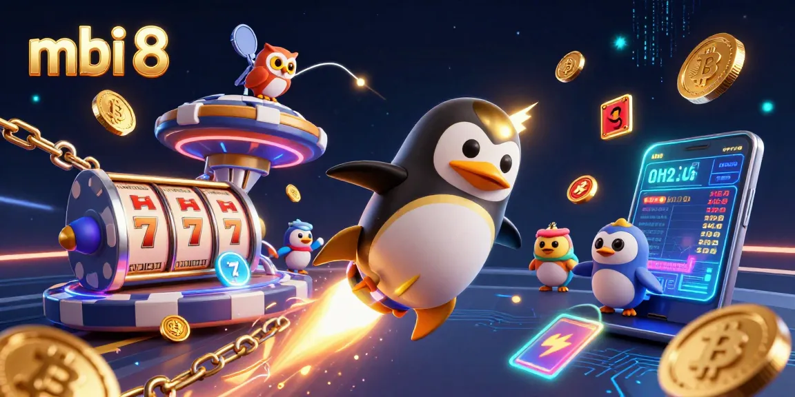 Experience the excitement of mbi 8 with our 3D cartoon penguin heading to a vibrant, interactive casino.