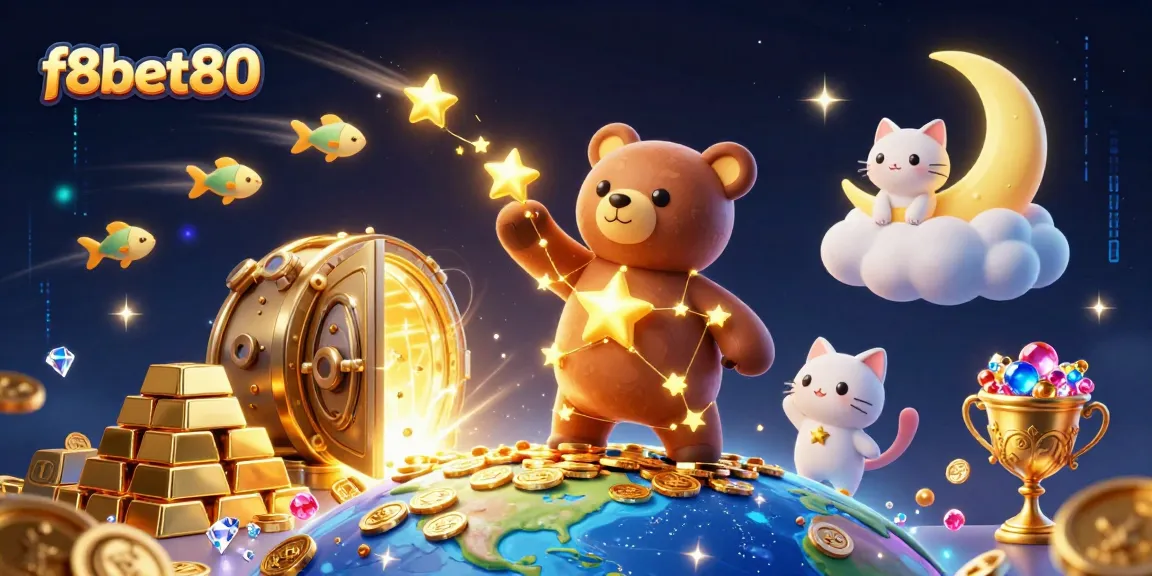 Experience excitement with f8bet80 in this rich 3D casino illustration filled with treasures and gaming elements.