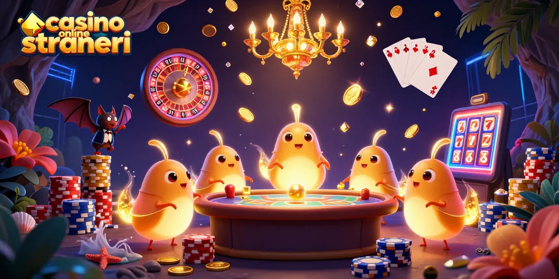 Illustrazione 3D di un casinò con lumache brillanti per il casinò online stranieri, un battitore e giochi scintillanti.