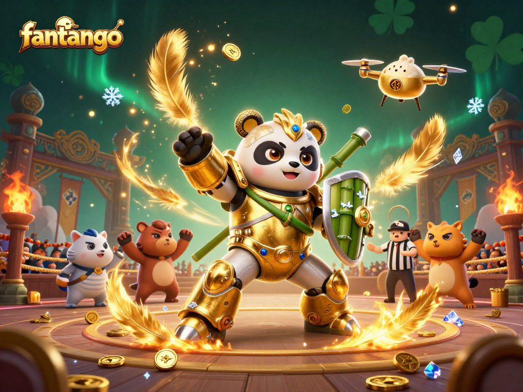 Engage in fantango excitement as a golden panda piloting a robot battles in a vibrant casino arena.