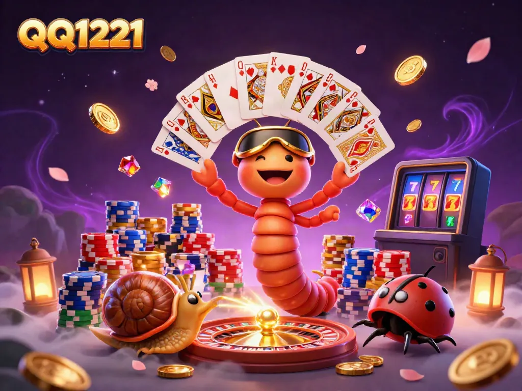 Experience QQ1221 action with a cartoon dealer, high-roller snail, and excitement in this vibrant casino scene.