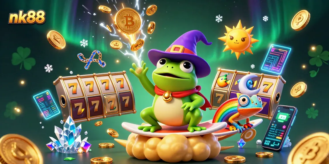 Engage with nk88's thrilling slots, witnessing a weather wizard frog amid golden coins and vibrant game elements.