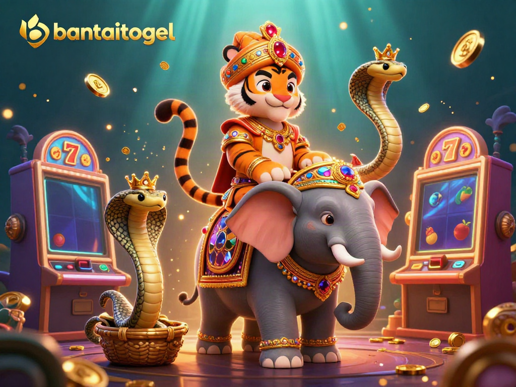 Menangkan permainan dengan bantaitogel, ilustrasi 3D maharaja dan gajah di kasino online.