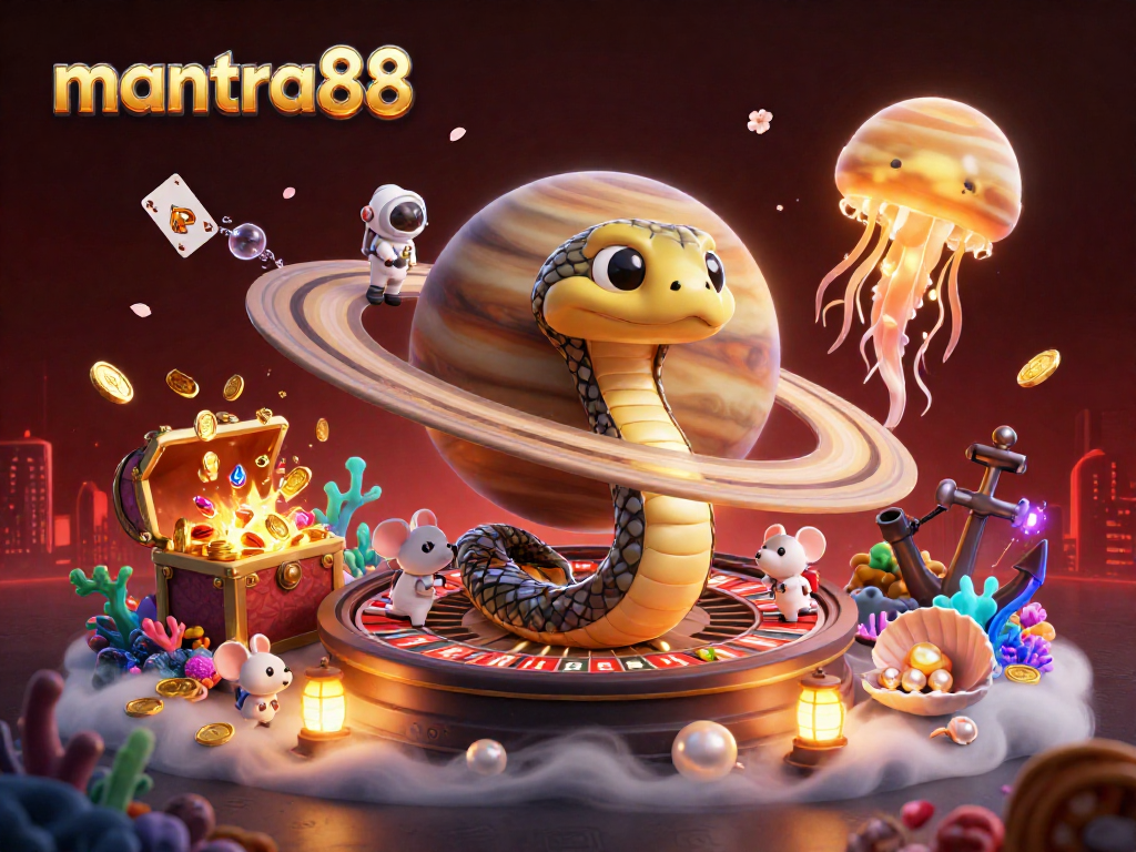 Experience the excitement of mantra88 gaming with a 3D illustration of vibrant cosmic characters and elements.