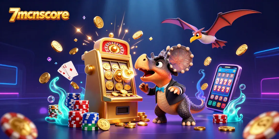7mcnscore features a playful scene of a cartoon dinosaur winning at a slot machine amidst flying coins, perfect for gamers.