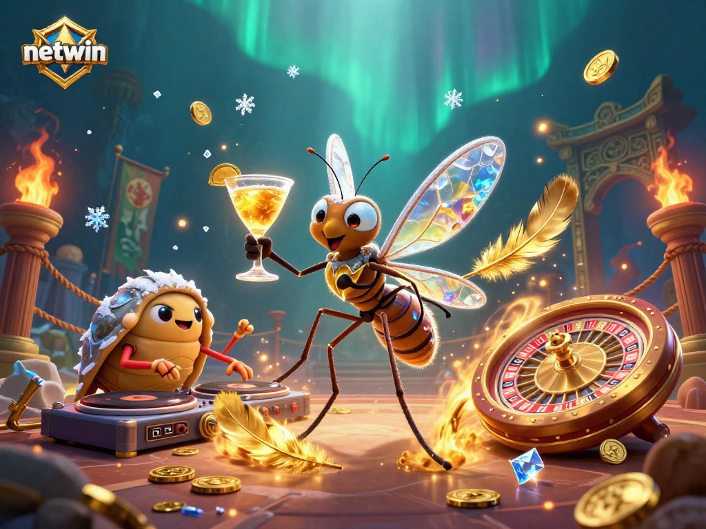 Watch the netwin mascot bring fun to life amid gold coins and vibrant casino elements.