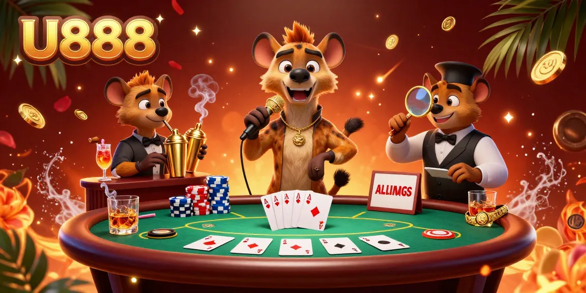 Experience the vibrant atmosphere of U888 Casino with comedians and gaming excitement, showcasing lively poker action.