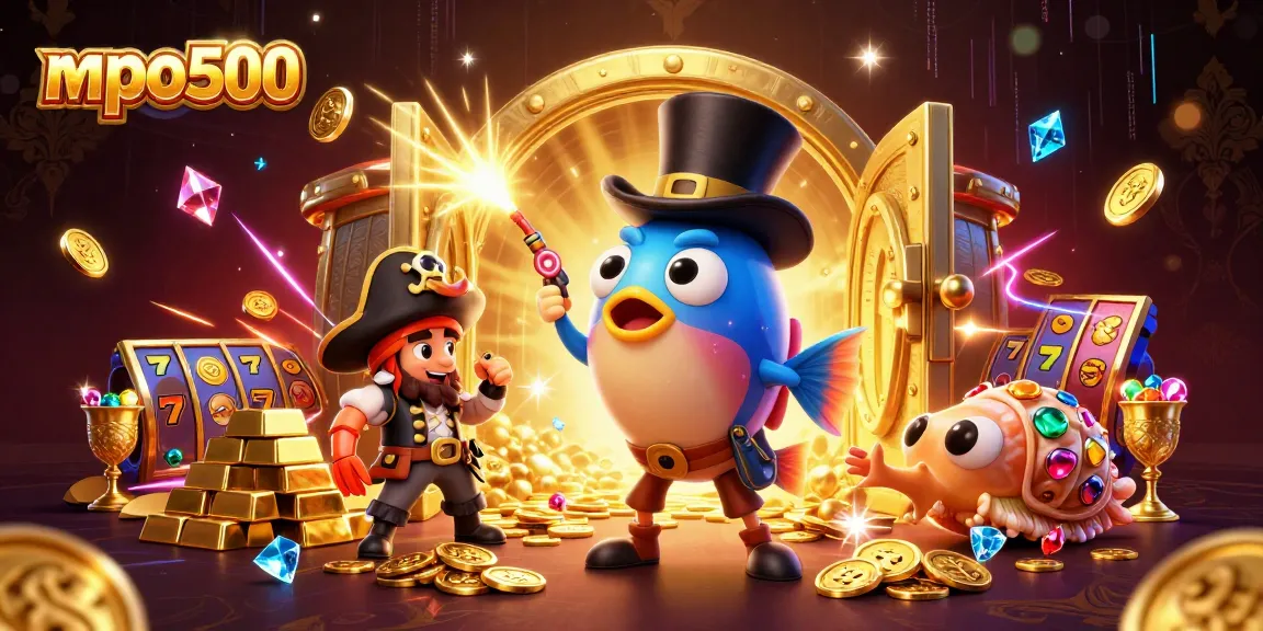Attract golden coins with mpo500's anglerfish casino illustration featuring vibrant jewels and slot elements.