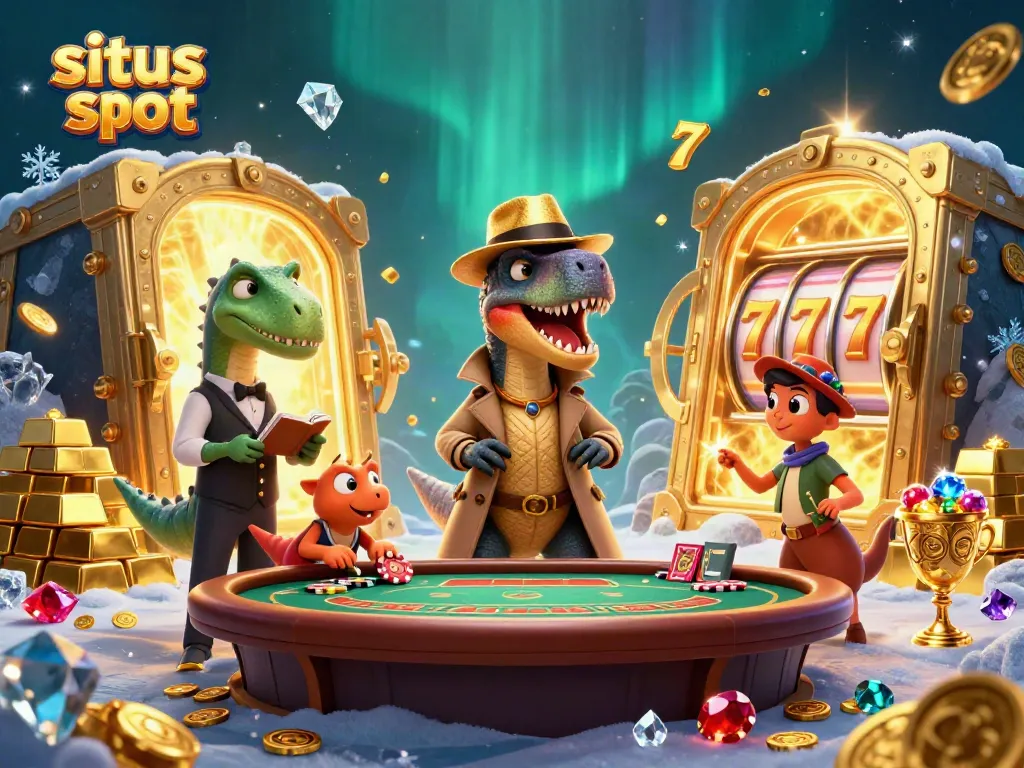 Ilustrasi 3D situs slot dengan velociraptor, stegosaurus, dan compy, dikelilingi oleh harta karun.