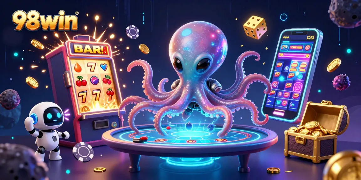 Experience thrilling poker action with 98win's vibrant alien casino scene featuring jackpots and holographic games.