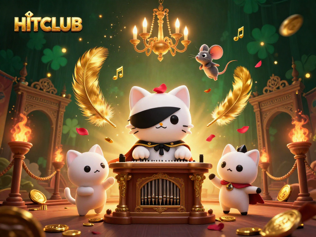 Enhance your gameplay at HITCLUB with a lively 3D scene of a phantom cat, mouse acrobat, and casino elements.