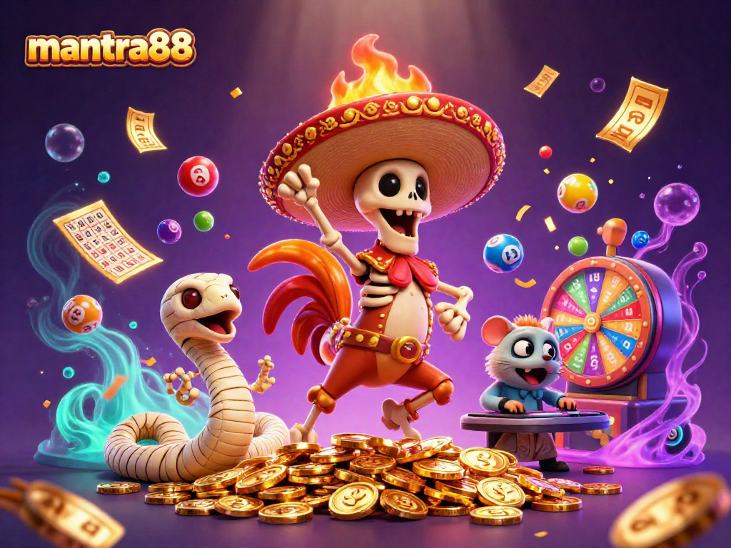 Experience the thrill at mantra88 with vibrant lottery elements and colorful characters in an energetic scene.