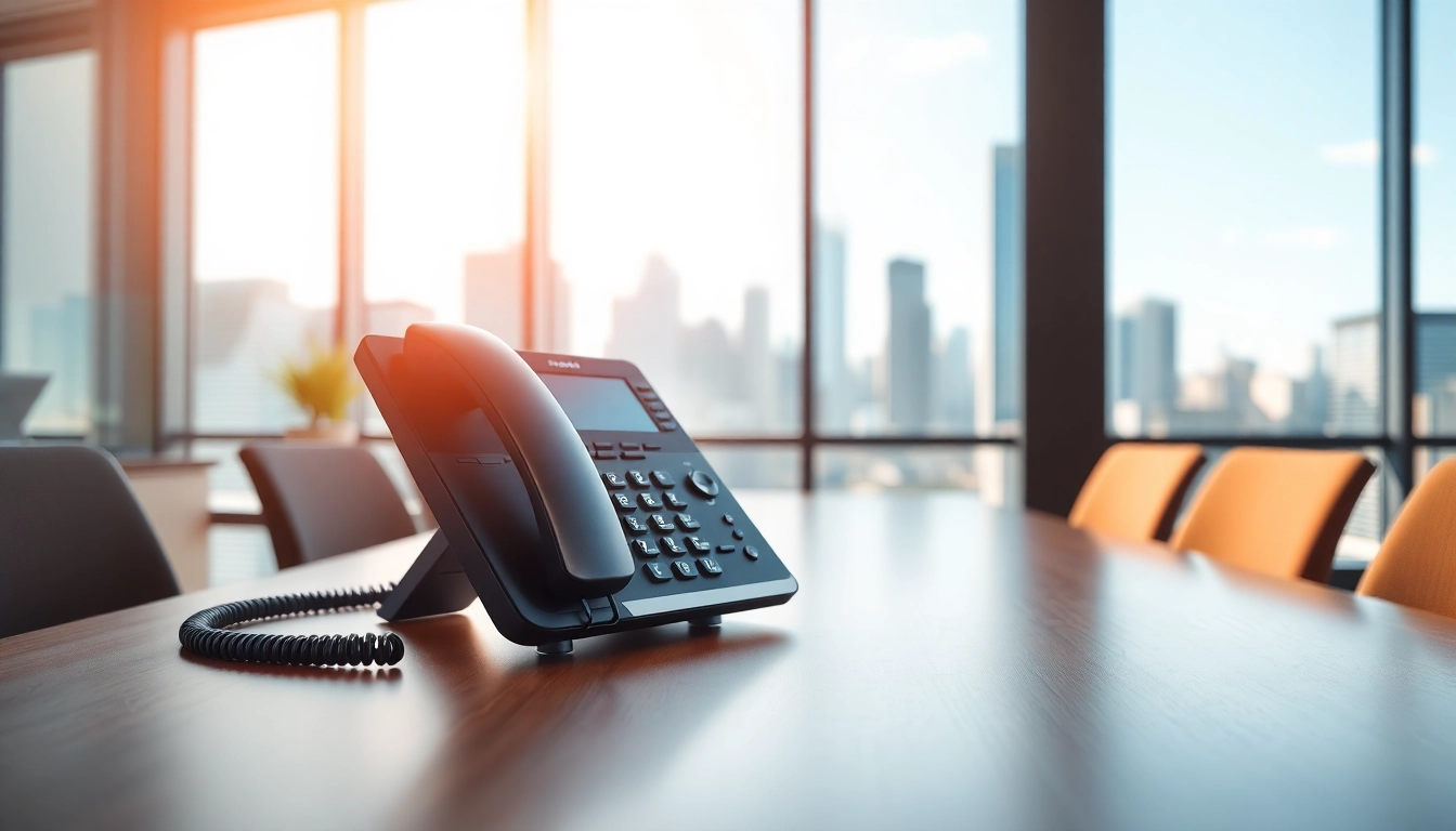 Showcasing a VoIP business phone on a modern desk in a bright office setting.