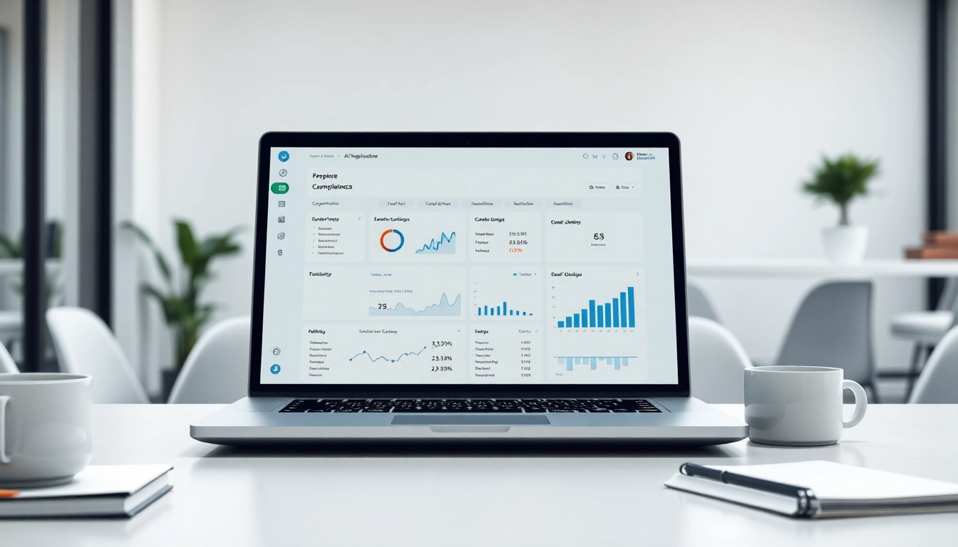 Utilizing the AI proposal compliance checker on a sleek laptop in a modern office.
