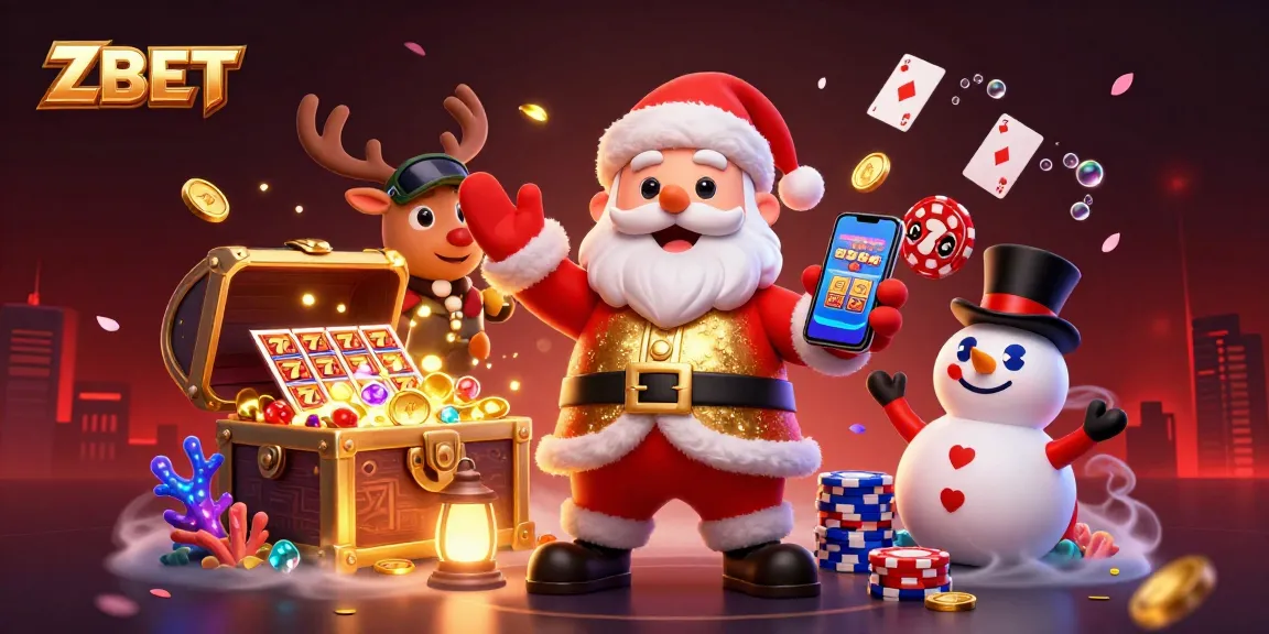 ZBET showcases a festive 3D casino scene with Santa, a reindeer dealer, and a poker-themed snowman.