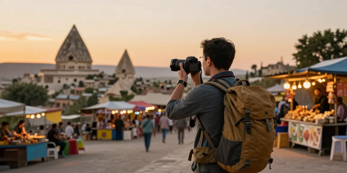 NAGA2000 traveler capturing memories at a vibrant market during sunset.