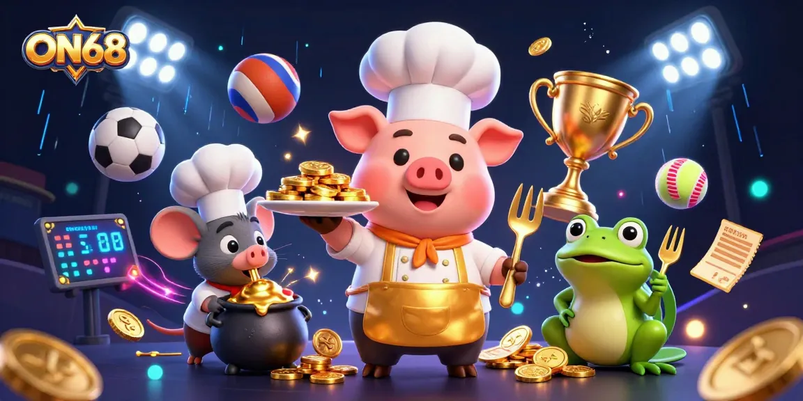 Win big with ON68 as a culinary team of a chef pig, sous-chef mouse, and critic frog serve gold coins.