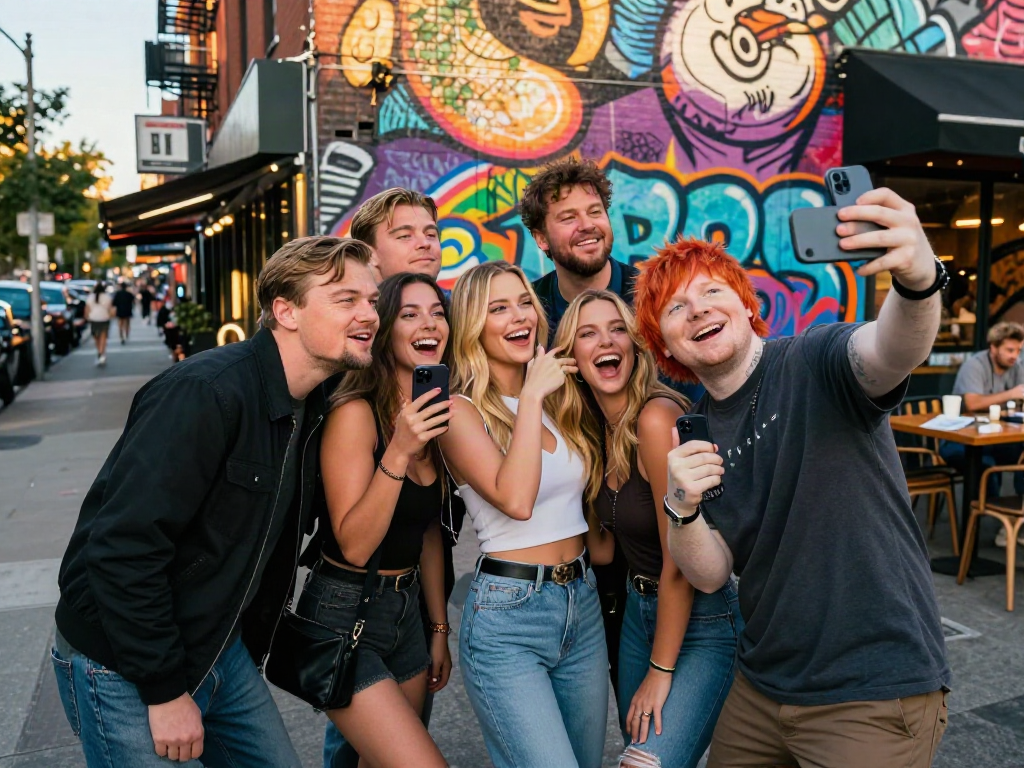 Group of friends resembling look alikes of famous people in vibrant urban setting
